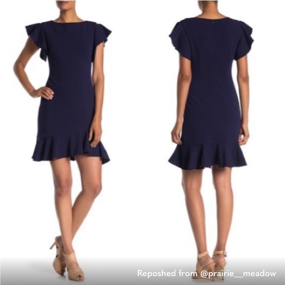 NWT Vince Camuto Women Size 4 Dress Navy Blue Flutter Ruffled